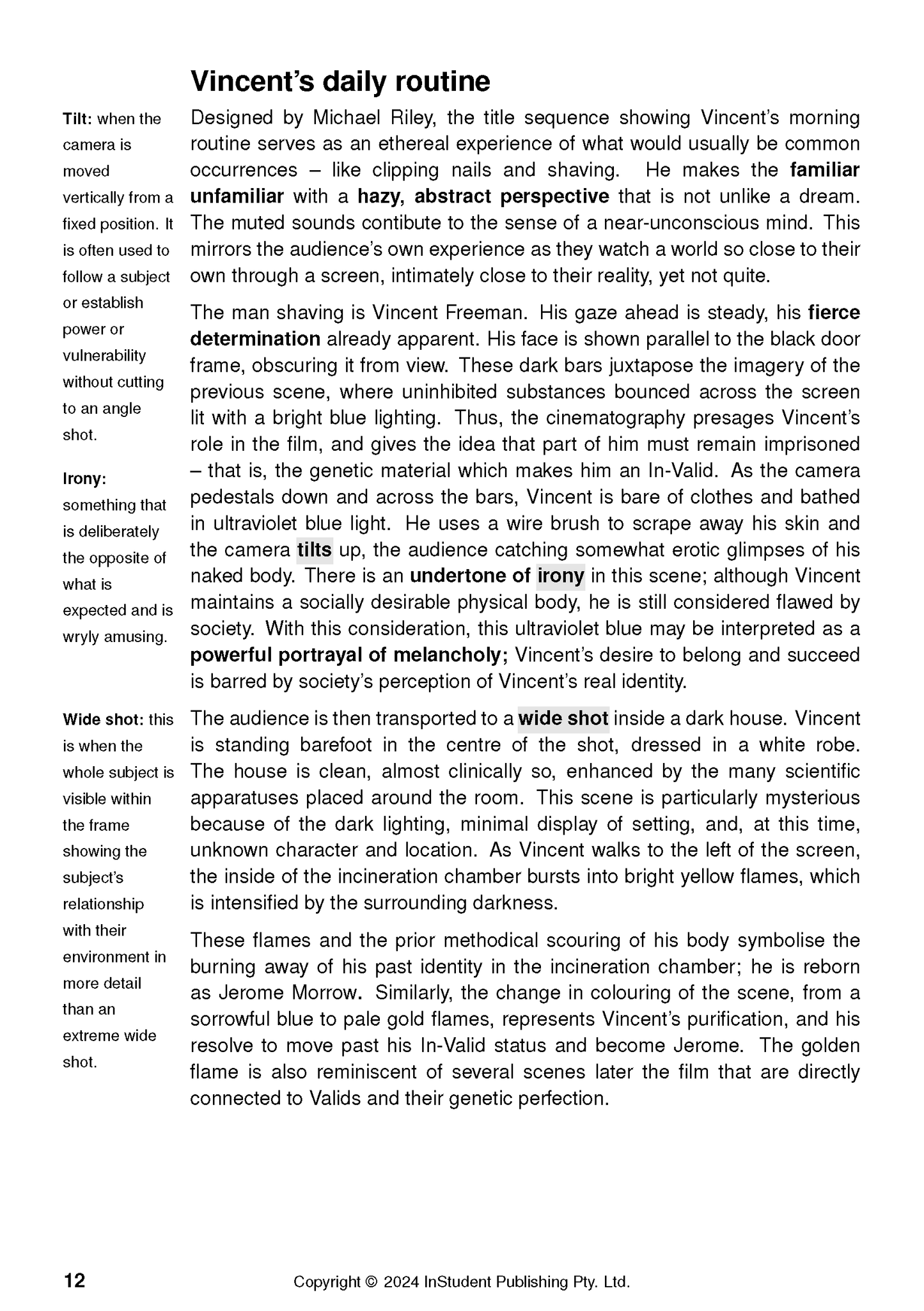 Text Guide for Gattaca, a cropped page showing analysis of Vincent's daily routine, with definitions and bolded keywords.