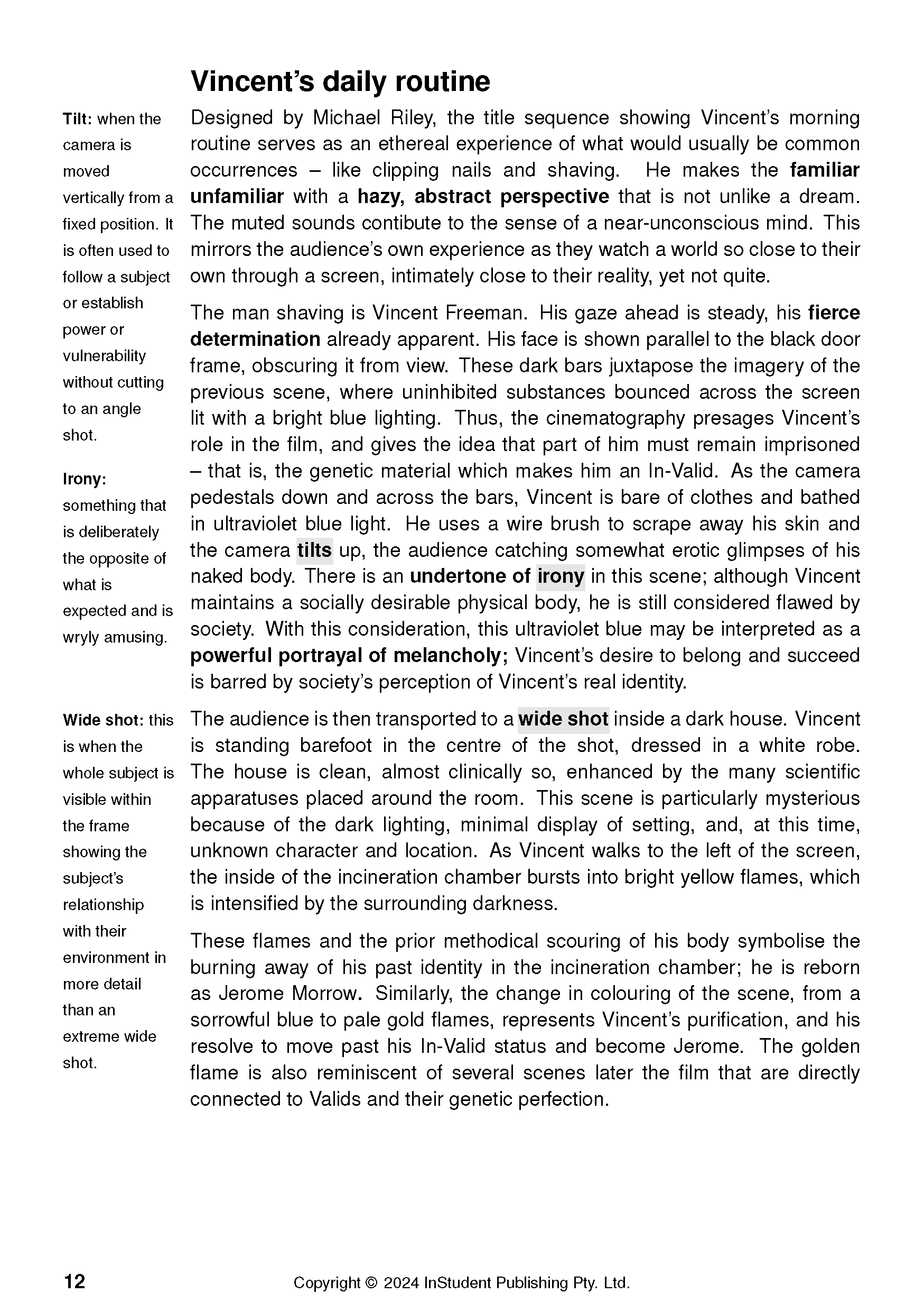 Text Guide for Gattaca, a cropped page showing analysis of Vincent's daily routine, with definitions and bolded keywords.