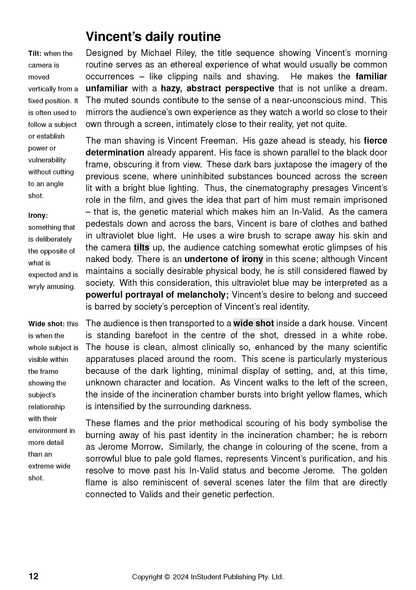 Text Guide for Gattaca, a cropped page showing analysis of Vincent's daily routine, with definitions and bolded keywords.
