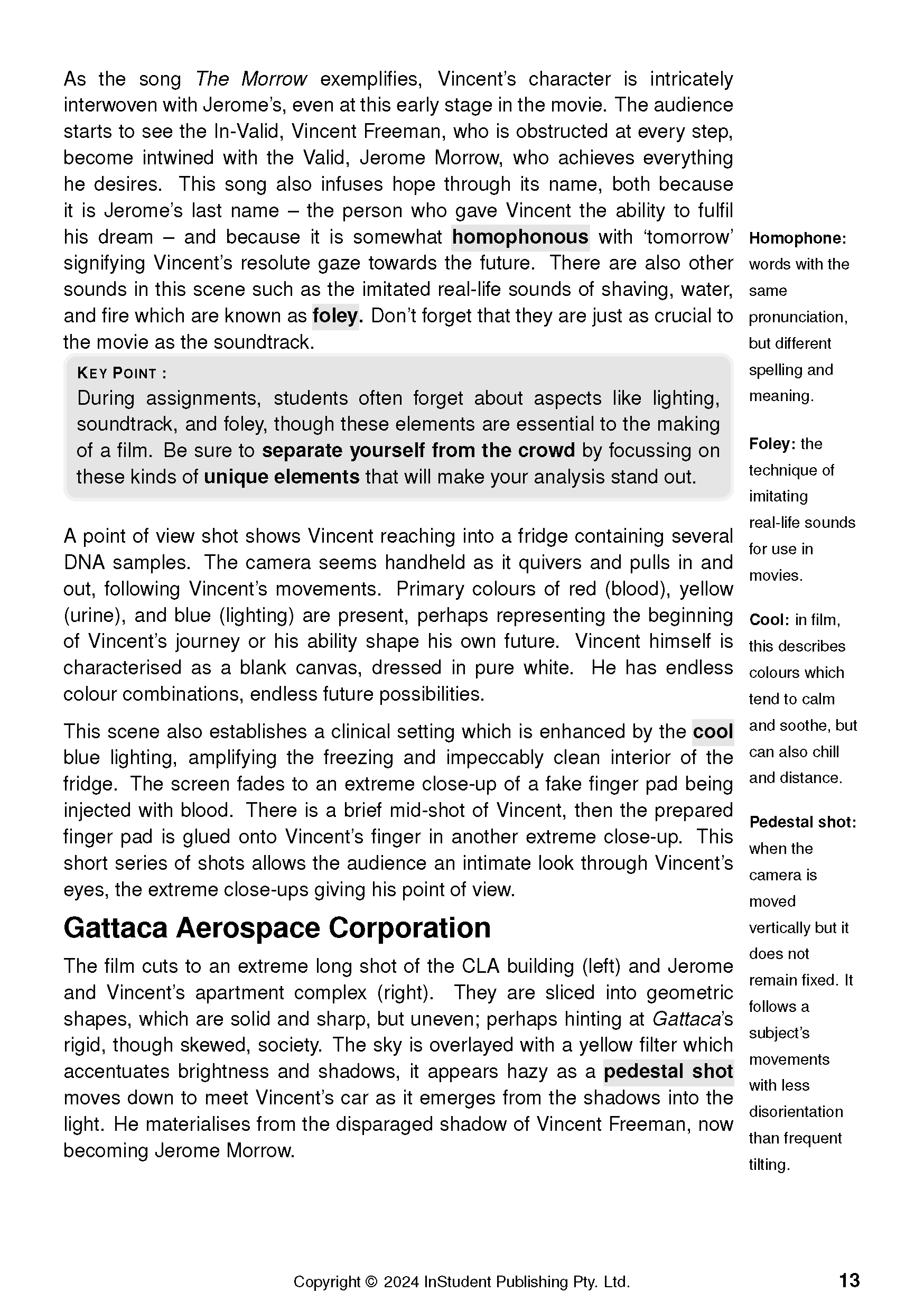 Page from a Text Guide about Gattaca with detailed analysis and definitions of film terms like Homophone and Foley.
