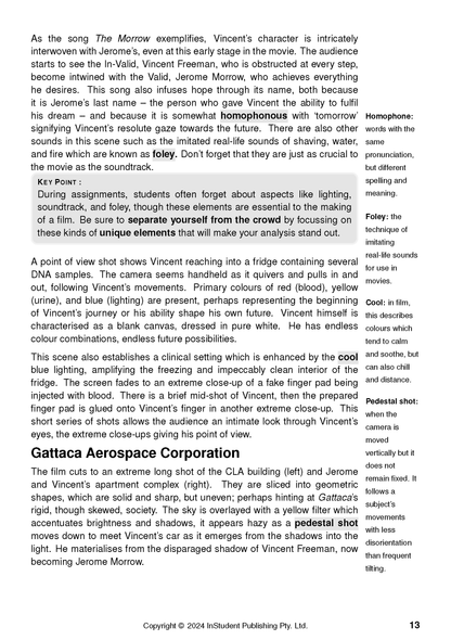Page from a Text Guide about Gattaca with detailed analysis and definitions of film terms like Homophone and Foley.