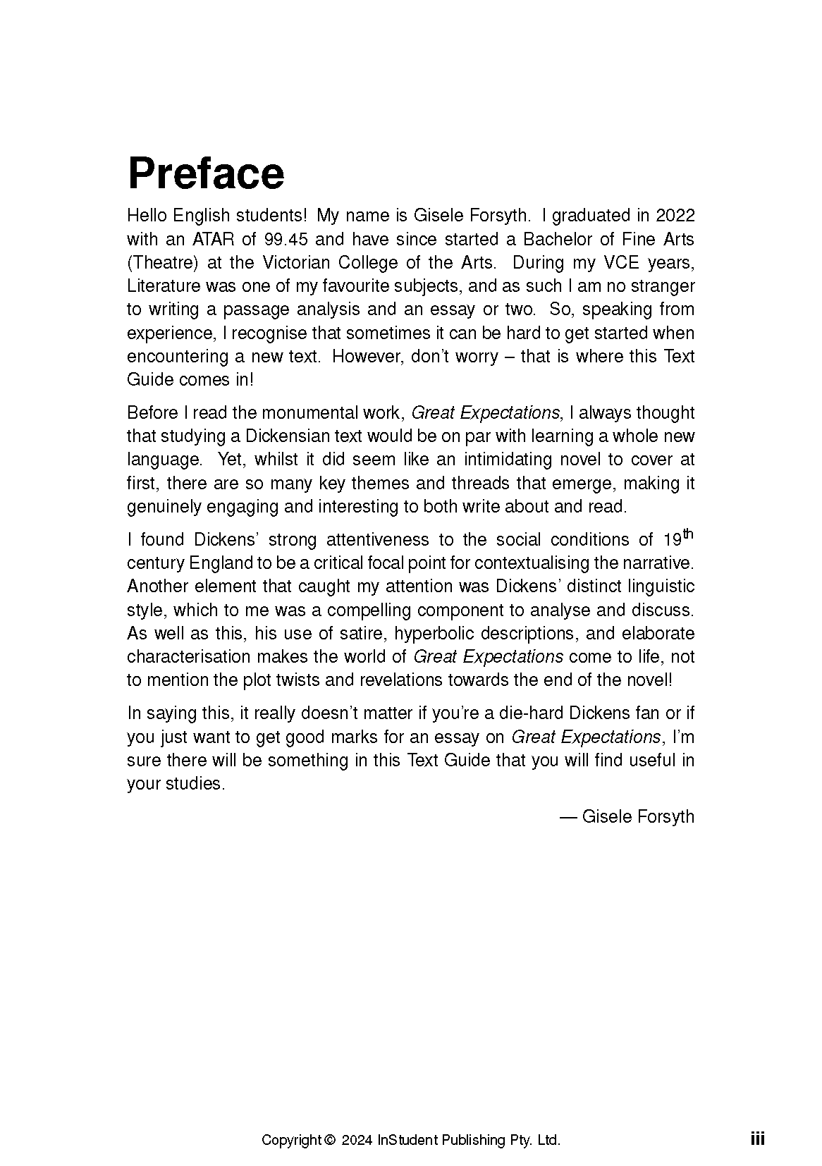Text Guide by InStudent Publishing Pty. Ltd. showing its Preface page with an introduction signed by Gisele Forsyth.