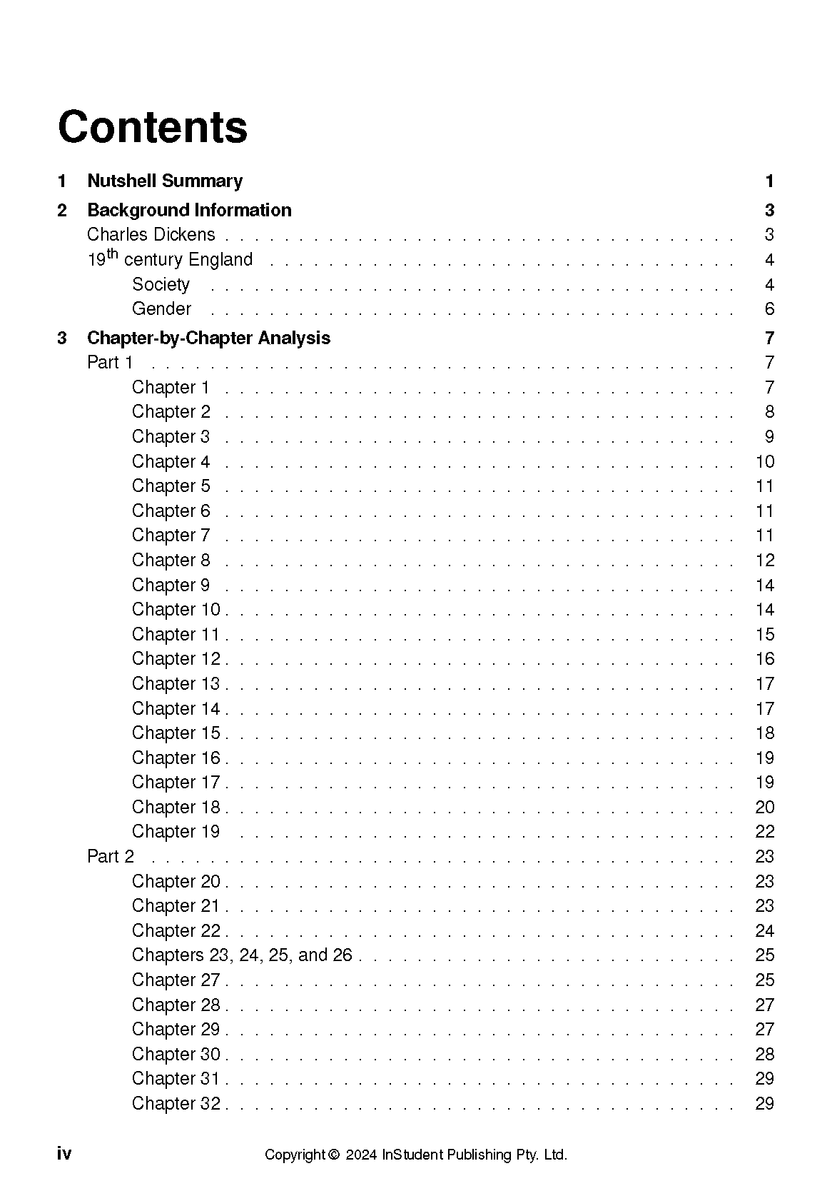 A text guide by InStudent Publishing Pty. Ltd. showing a table of contents with chapters for Great Expectations.