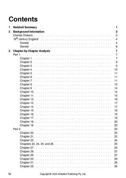 A text guide by InStudent Publishing Pty. Ltd. showing a table of contents with chapters for Great Expectations.