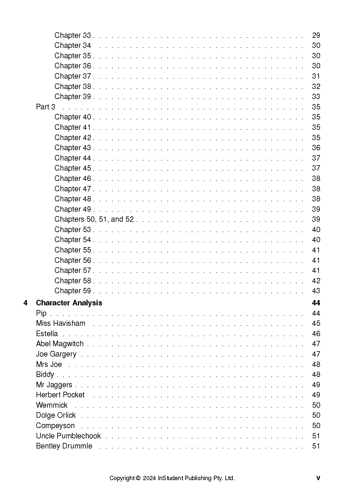 Text Guide page displaying a table of contents with chapter listings, 'Part 3', character analysis section, and page numbers.