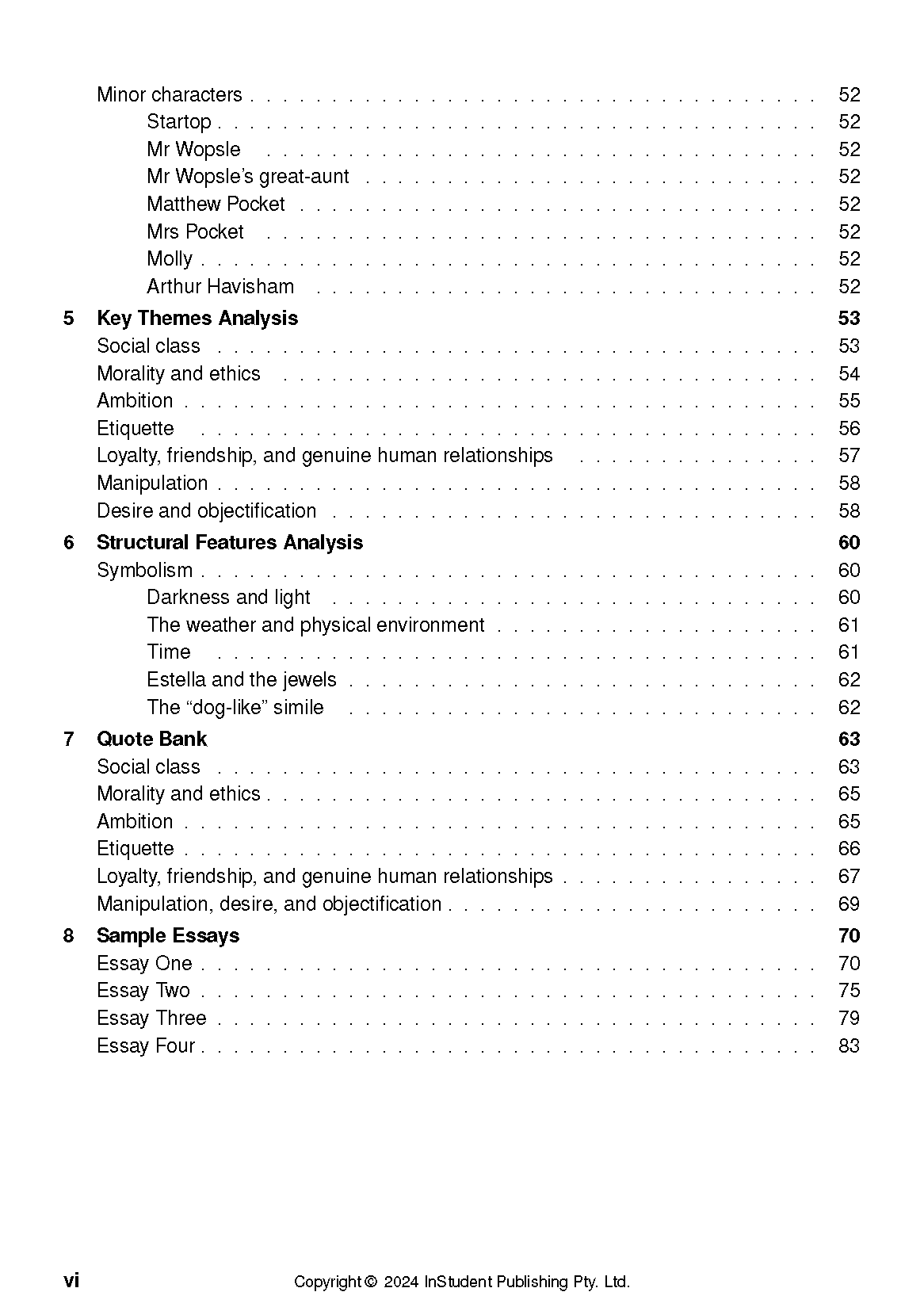 Page from a Text Guide displaying a table of contents with sections for characters, themes, structural analysis, quotes, and sample essays.