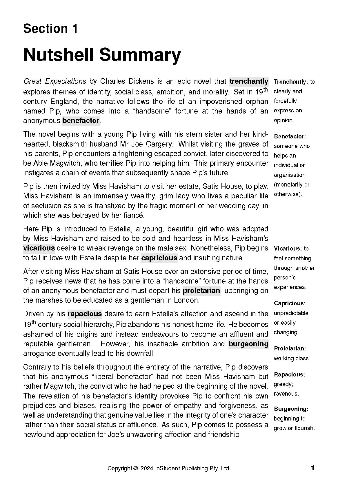 Text Guide page displaying a nutshell summary of Charles Dickens' Great Expectations and vocabulary definitions.