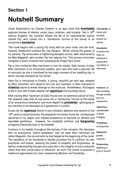 Text Guide page displaying a nutshell summary of Charles Dickens' Great Expectations and vocabulary definitions.
