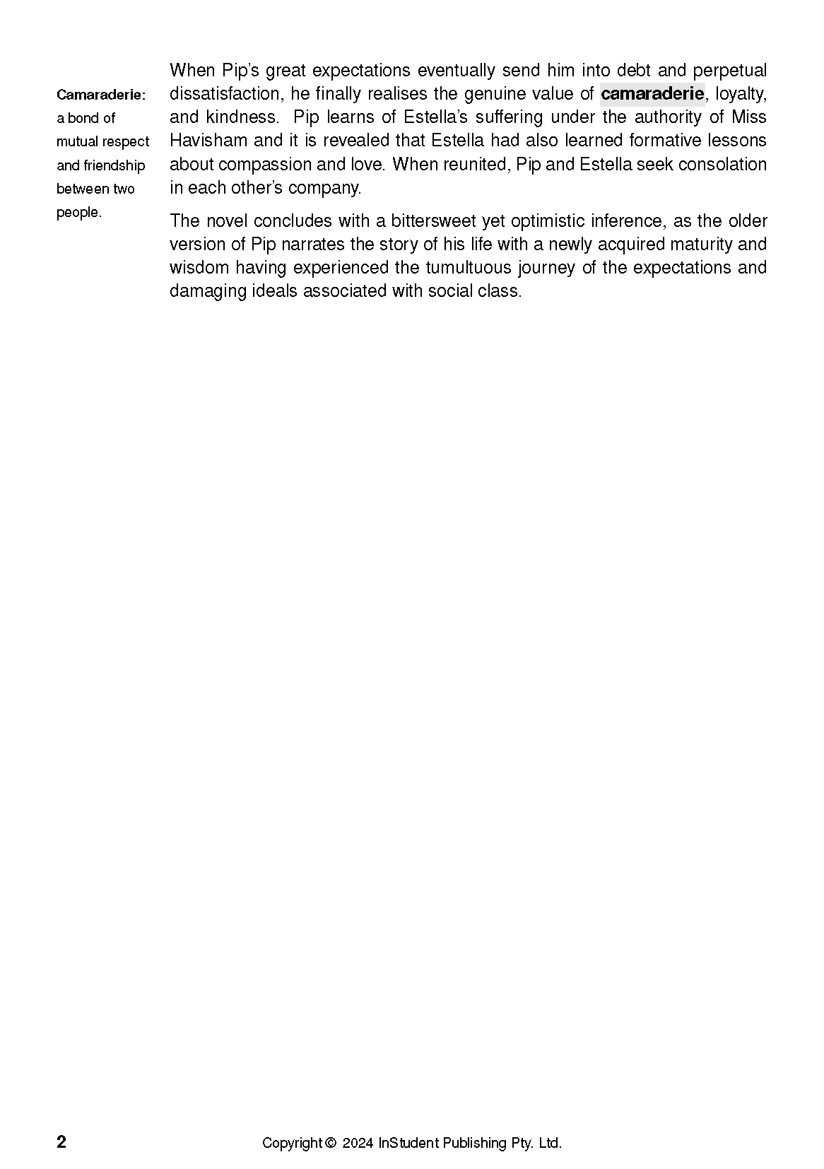 Text Guide page displaying literary analysis for Great Expectations, with text on camaraderie and character development.