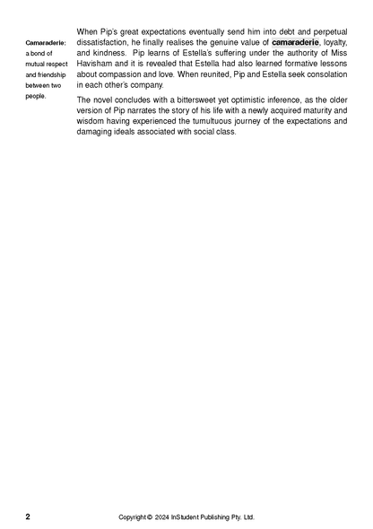 Text Guide page displaying literary analysis for Great Expectations, with text on camaraderie and character development.