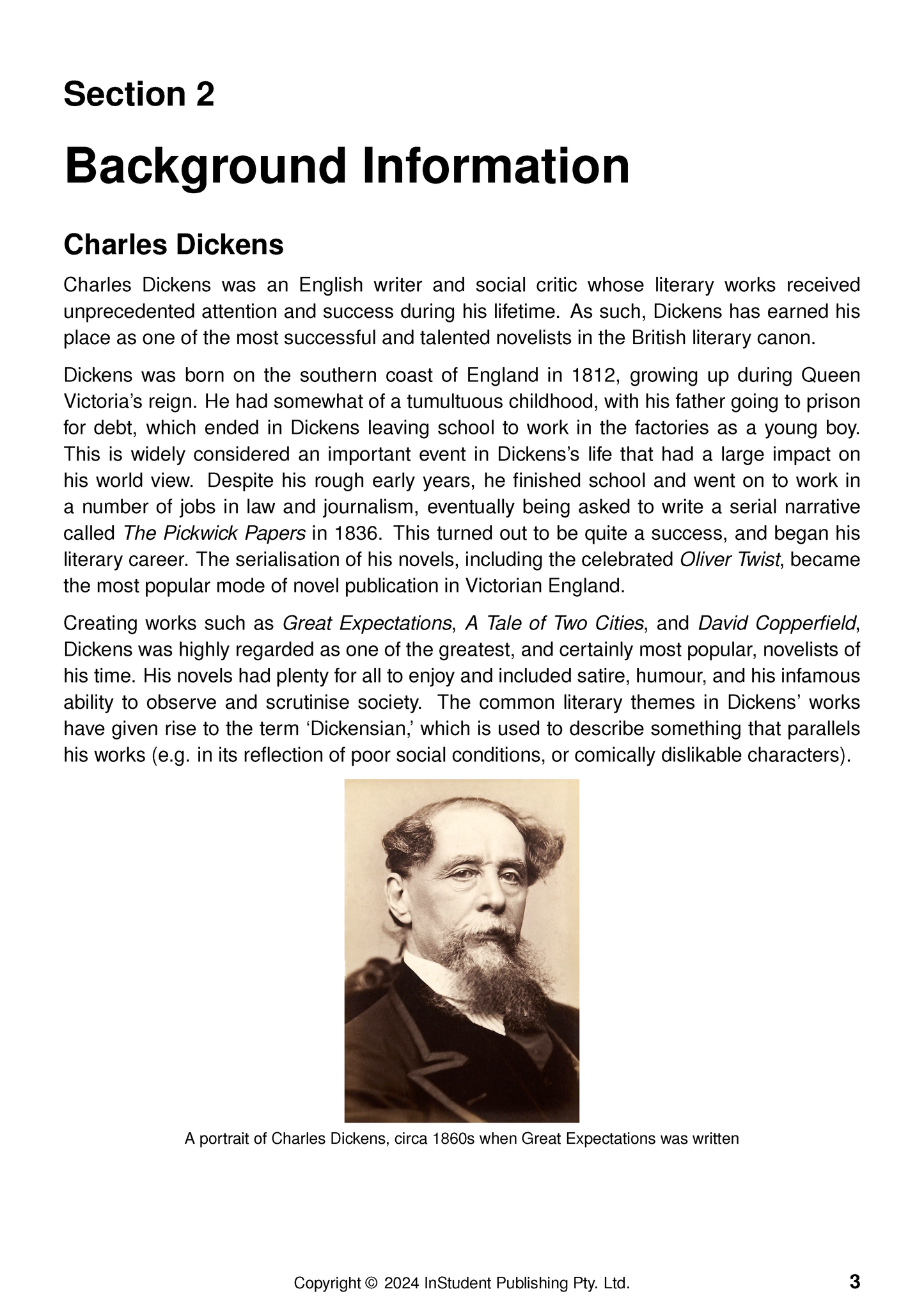 Text Guide page featuring background information on Charles Dickens, a black and white portrait, and descriptive text.