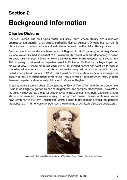 Text Guide page featuring background information on Charles Dickens, a black and white portrait, and descriptive text.