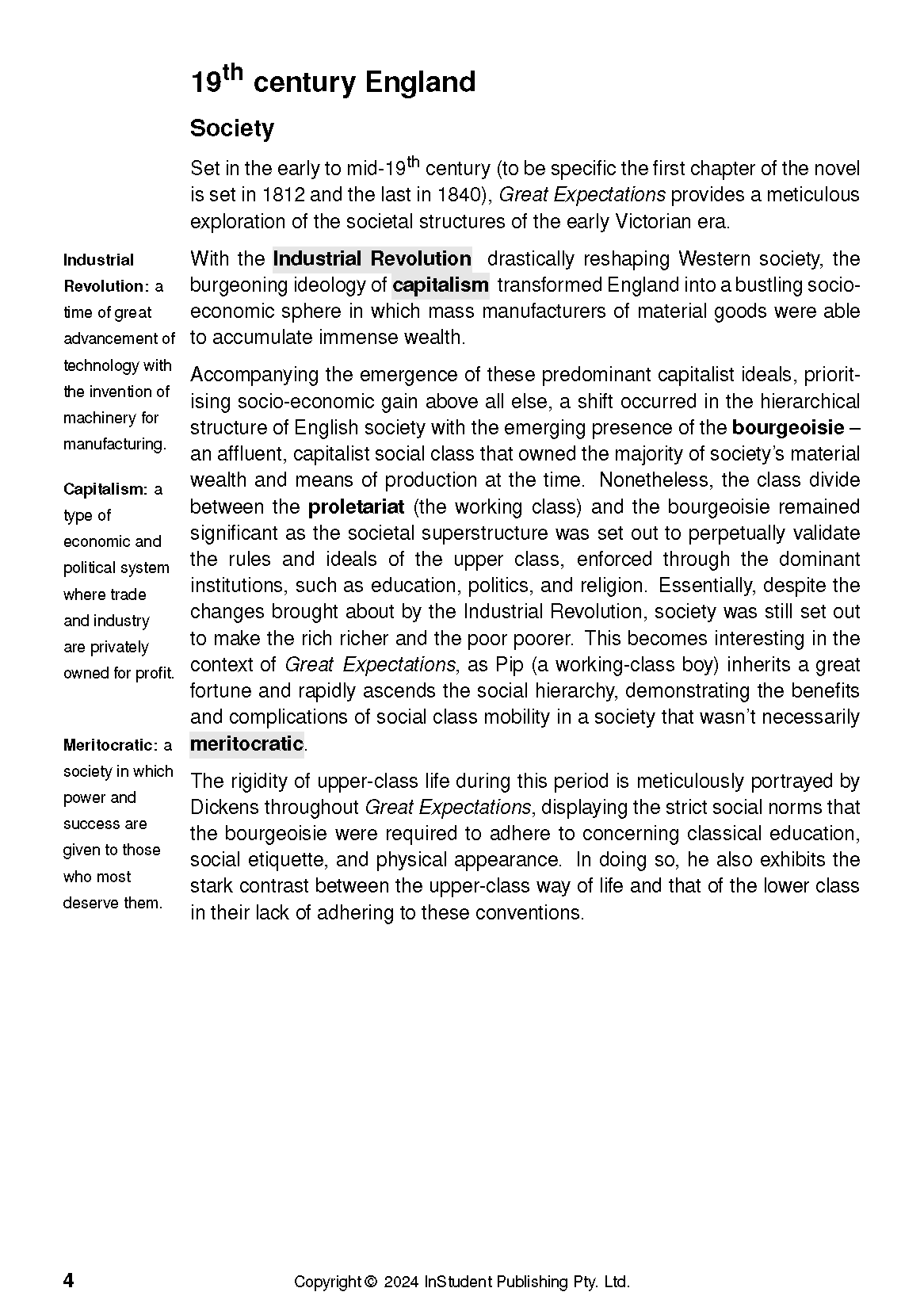 Text guide page for Great Expectations, outlining 19th-century English society, capitalism, and social class terms like bourgeoisie and proletariat.