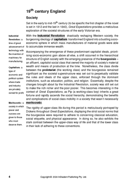 Text guide page for Great Expectations, outlining 19th-century English society, capitalism, and social class terms like bourgeoisie and proletariat.