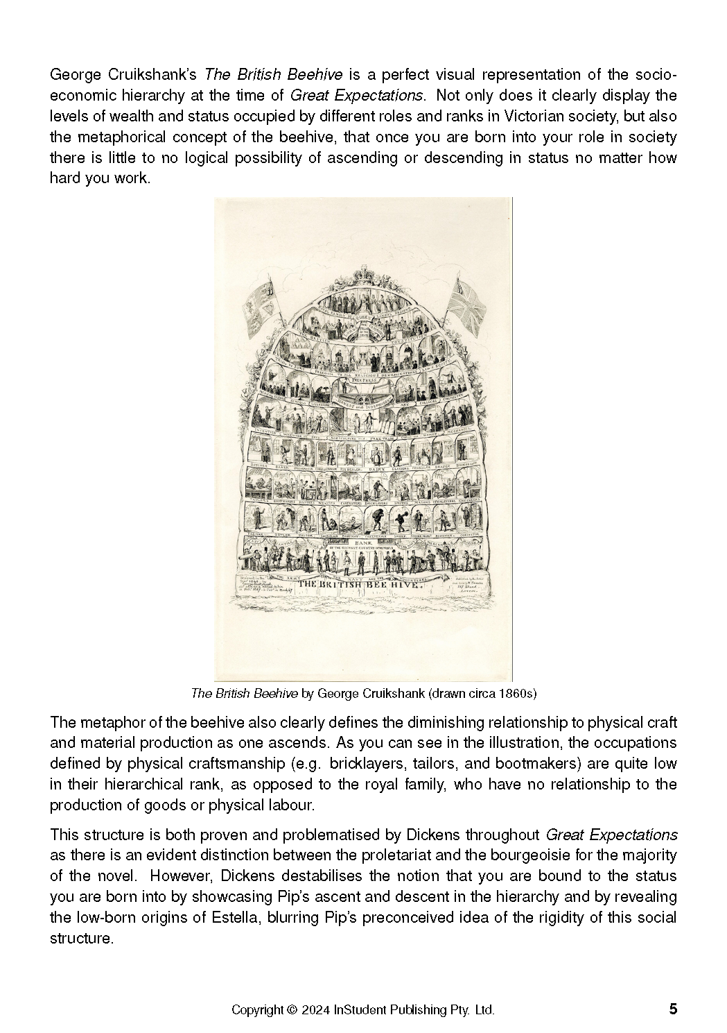 Text guide page featuring George Cruikshank's "The British Beehive" illustration in black and white, with explanatory text about Victorian society and Great Expectations.