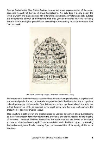 Text guide page featuring George Cruikshank's "The British Beehive" illustration in black and white, with explanatory text about Victorian society and Great Expectations.