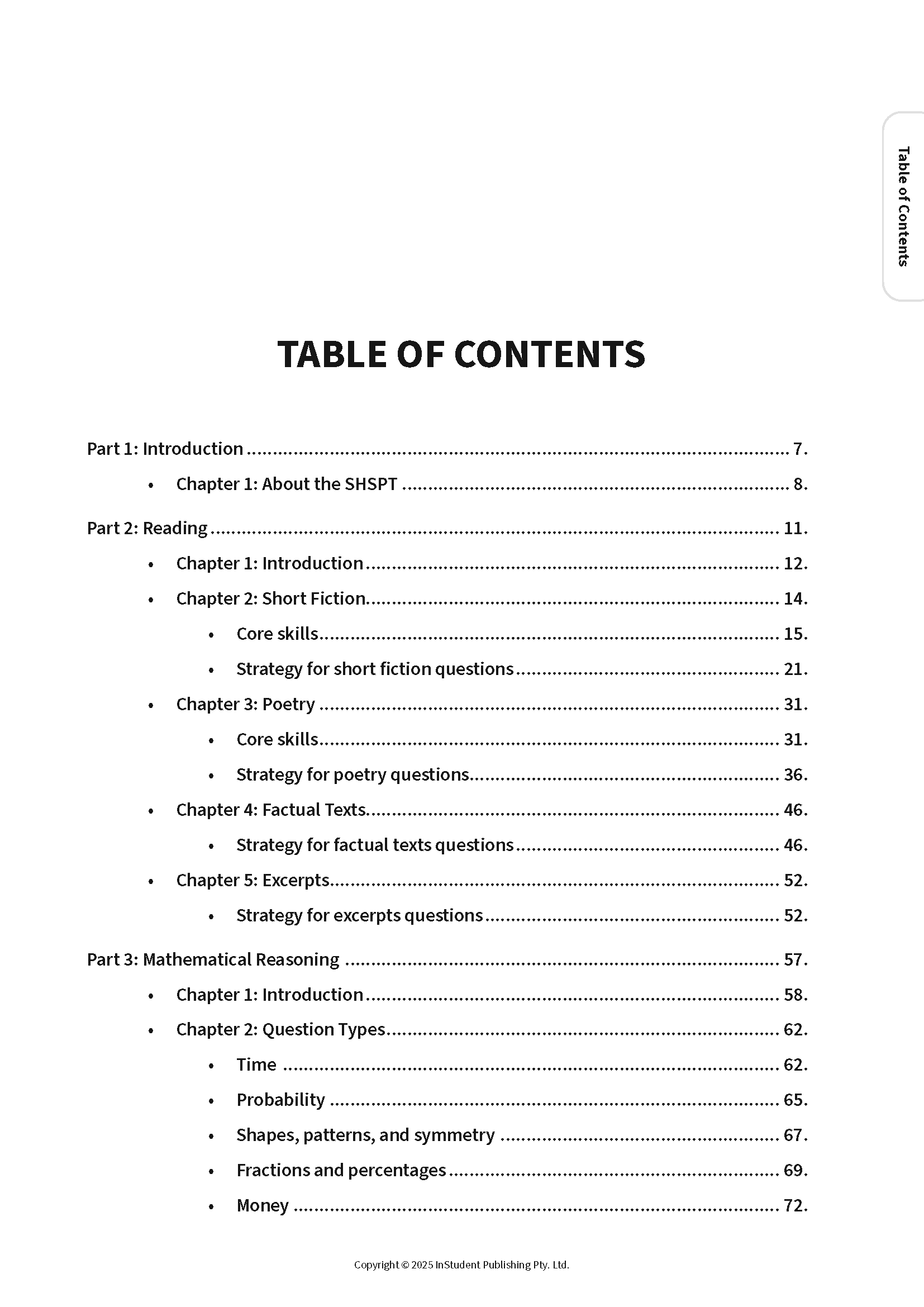 Study guide by ATAR Notes displaying the table of contents page with sections for Introduction, Reading, and Mathematical Reasoning.