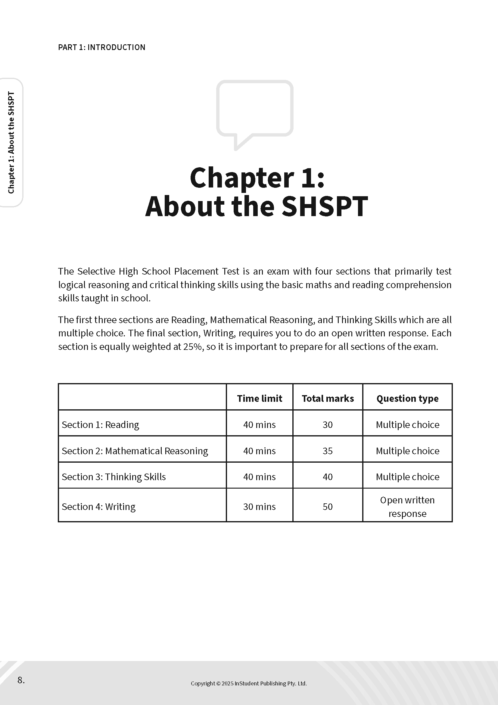 White study guide page by ATAR Notes, displaying the "About the SHSPT" chapter with a table outlining test sections.
