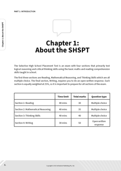 White study guide page by ATAR Notes, displaying the "About the SHSPT" chapter with a table outlining test sections.