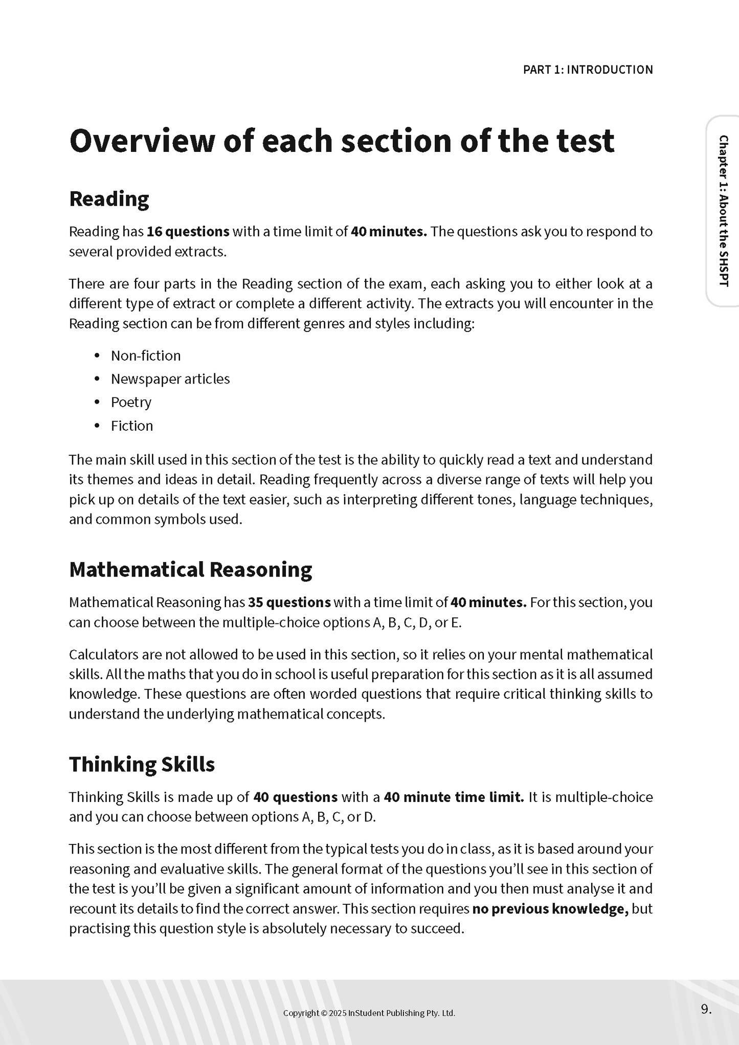 Printed guidebook page by ATAR Notes detailing test sections for the Selective Schools Test.