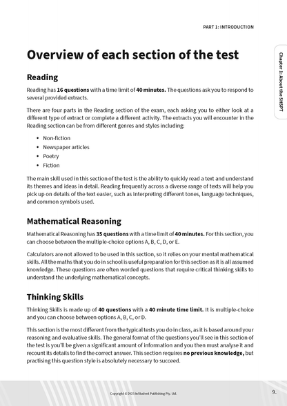 Printed guidebook page by ATAR Notes detailing test sections for the Selective Schools Test.