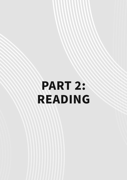 Study Guide for NSW Selective Schools Test by ATAR Notes, featuring 'PART 2: READING' text on a light grey page with white wavy lines.