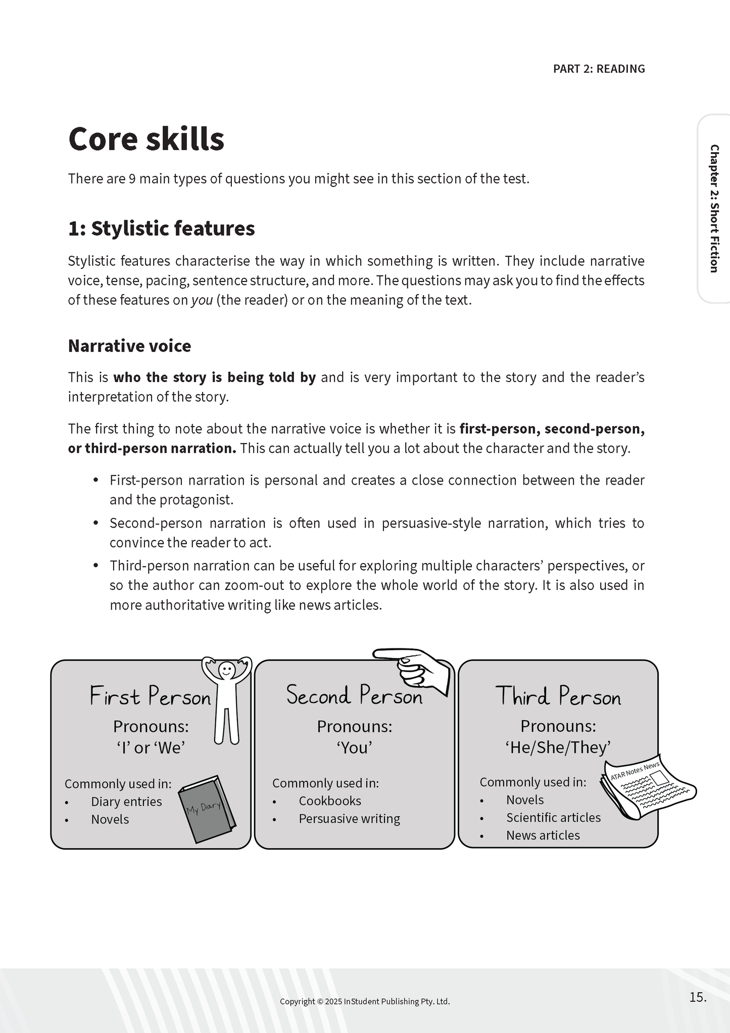 Study guide page by ATAR Notes detailing narrative voice and stylistic features with simple illustrations.
