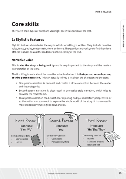 Study guide page by ATAR Notes detailing narrative voice and stylistic features with simple illustrations.