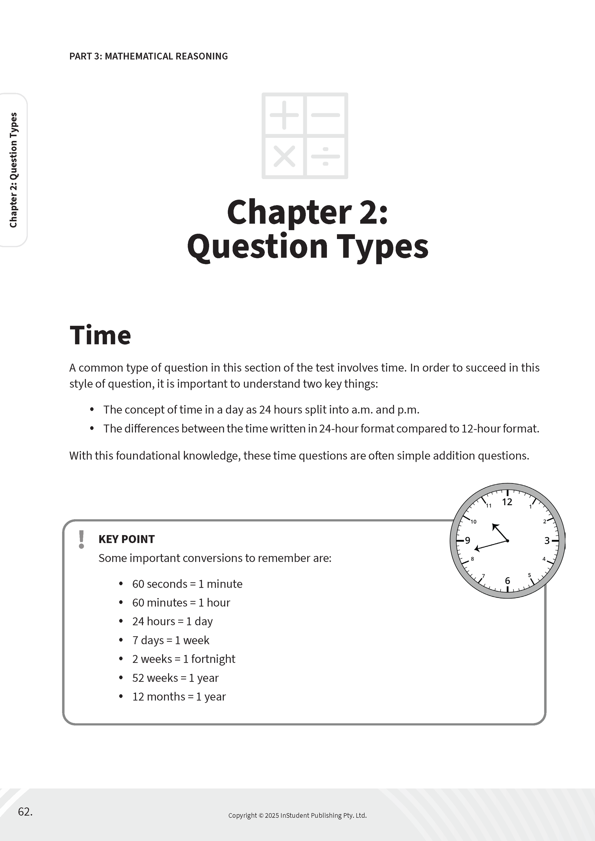 Course Notes guide by ATAR Notes, displaying a page about time, mathematical symbols, time conversions, and an analog clock.