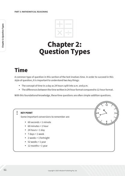 Course Notes guide by ATAR Notes, displaying a page about time, mathematical symbols, time conversions, and an analog clock.