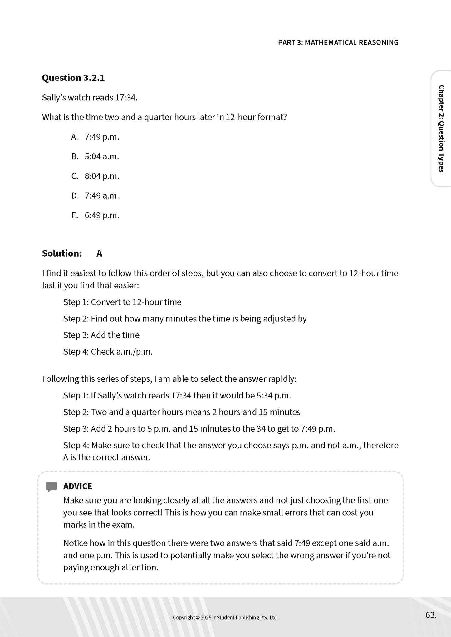 Educational guide page by ATAR Notes, displaying a mathematical reasoning question, its solution, and advice section.