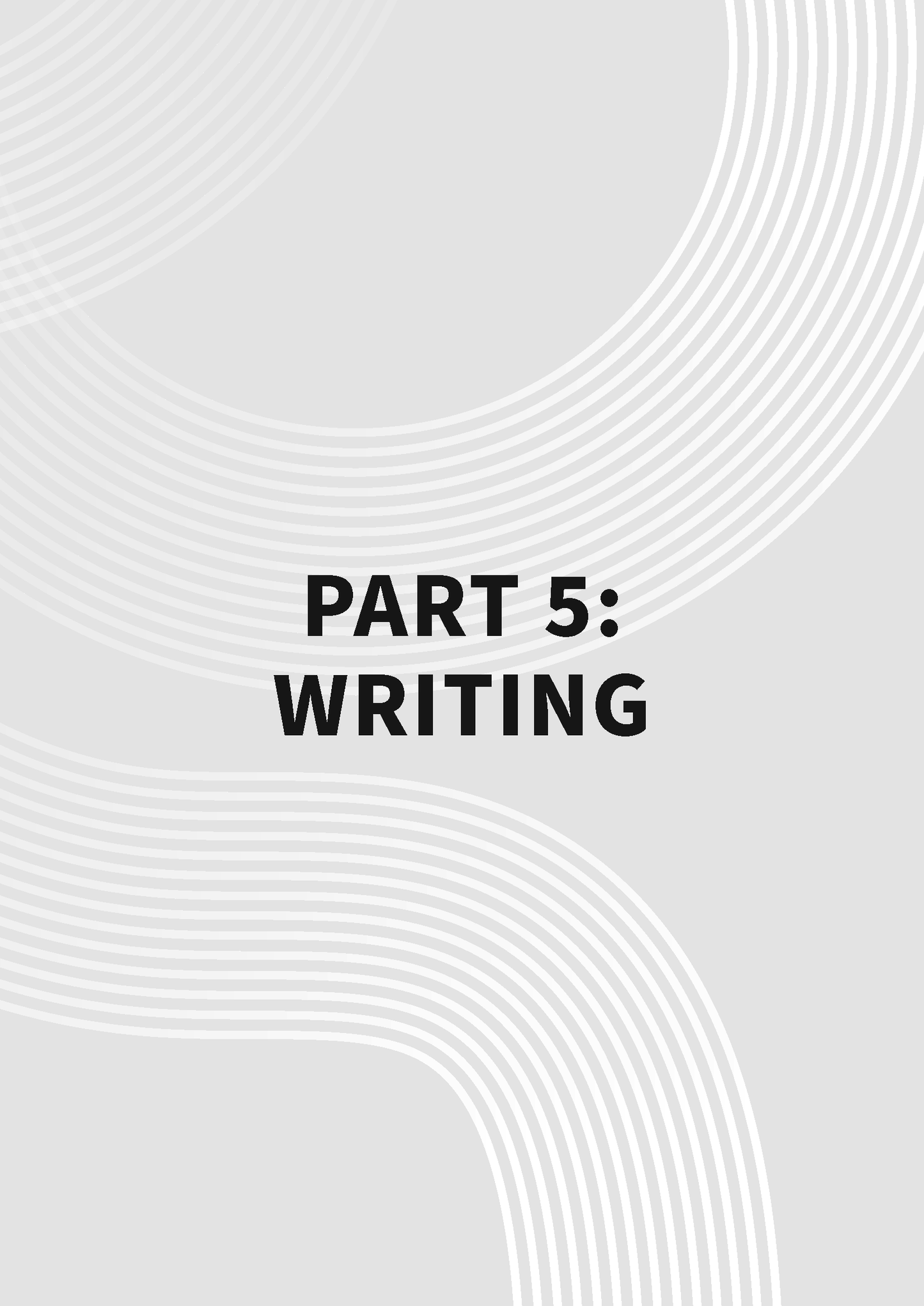 Course notes guide page by ATAR Notes featuring 'PART 5: WRITING' in black text on a light grey background with white curved lines.
