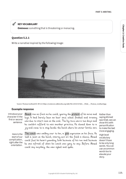 Course Notes guide by ATAR Notes, displaying a page with a creative writing question, example response, and a grayscale photo of a person running up a ramp.