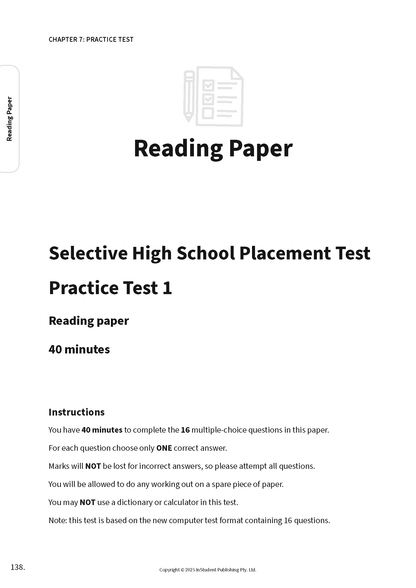 Selective High School Placement Test practice guide by ATAR Notes, showing a page titled 'Reading Paper' with instructions and a pencil icon.
