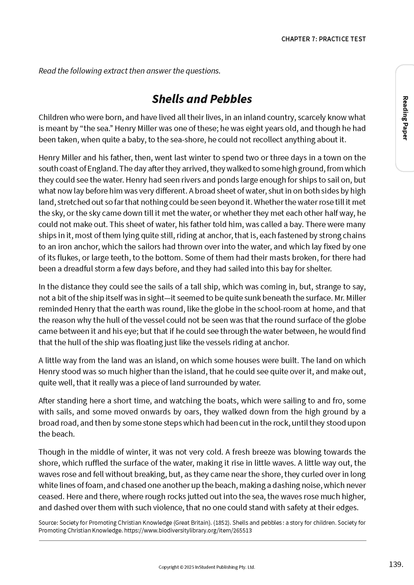Page from a Guide to the NSW Selective Schools Test by ATAR Notes, displaying Chapter 7 practice test 'Shells and Pebbles' on page 139.