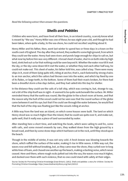 Page from a Guide to the NSW Selective Schools Test by ATAR Notes, displaying Chapter 7 practice test 'Shells and Pebbles' on page 139.