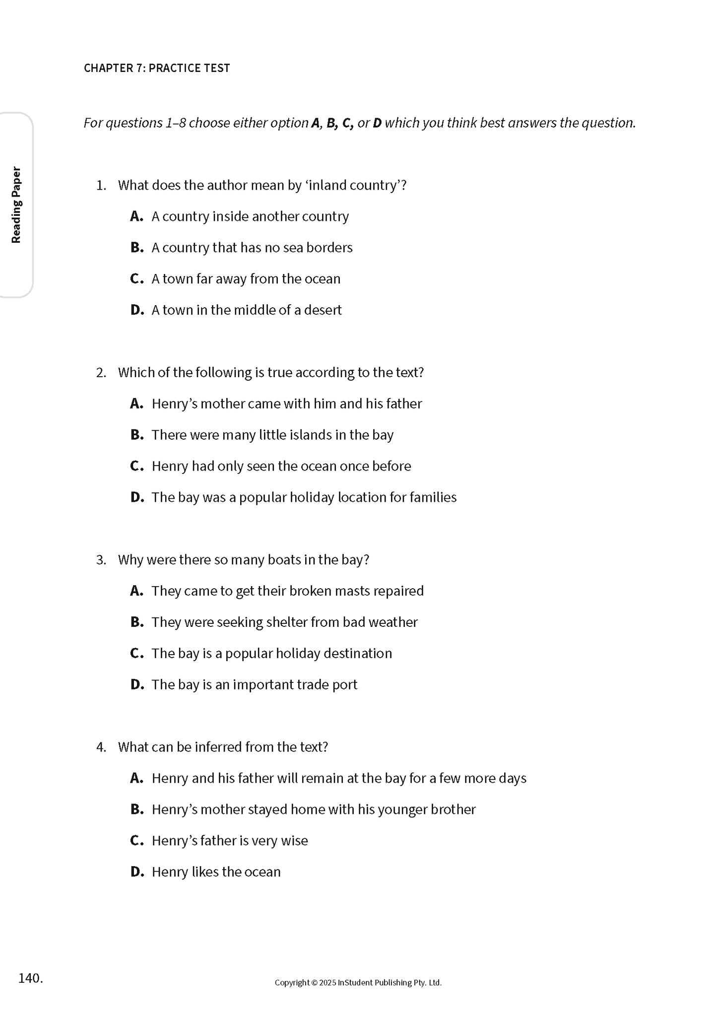 Course Notes by ATAR Notes displaying a white practice test page with black reading comprehension questions.