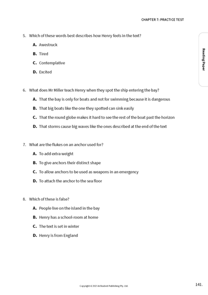 Page from a test guide by ATAR Notes, showing Chapter 7 practice questions for a Reading Paper section, page 141.