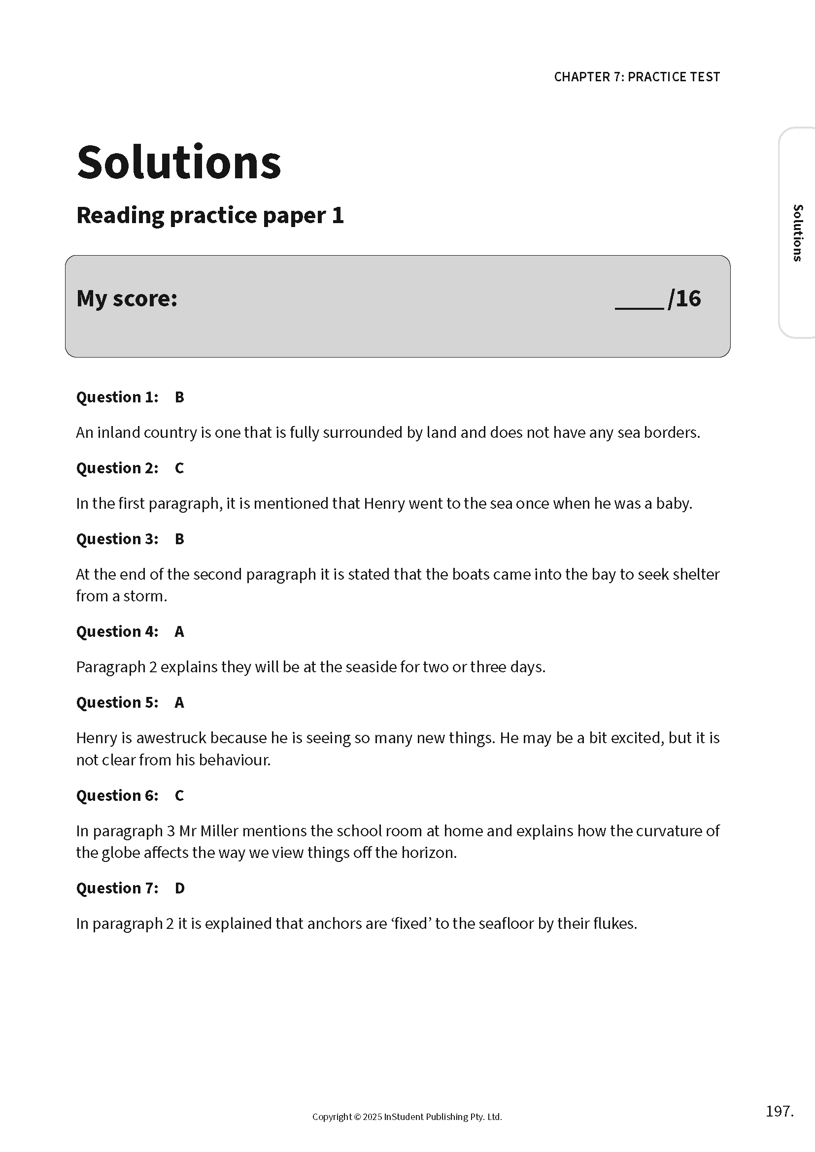 Solutions guide page from ATAR Notes, displaying answers for Reading Practice Paper 1, questions 1-7.