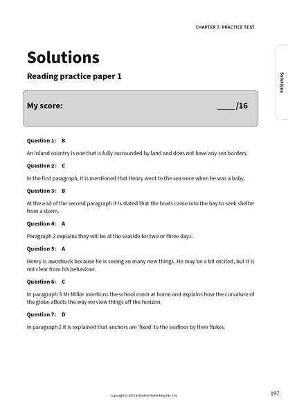 Solutions guide page from ATAR Notes, displaying answers for Reading Practice Paper 1, questions 1-7.