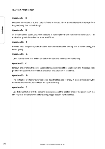 Course Notes by ATAR Notes, a page from Chapter 7 Practice Test showing questions, solutions, and page 198.