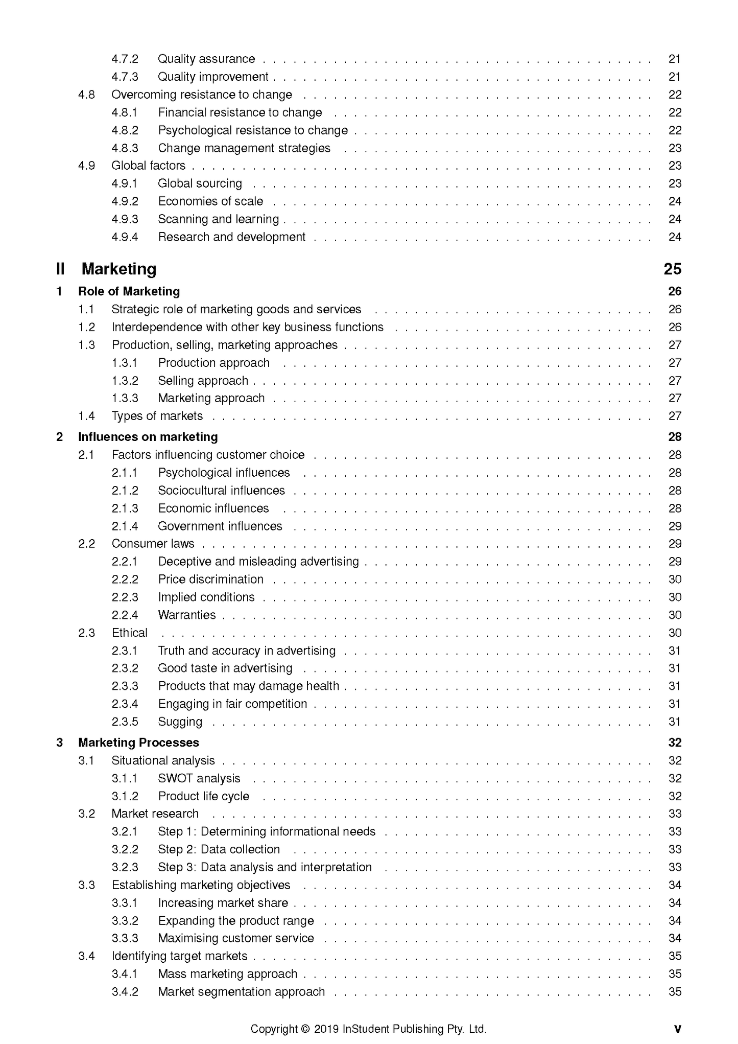 Course notes with a table of contents by ATAR Notes, displaying sections on Marketing and page numbers in black text on a white page.