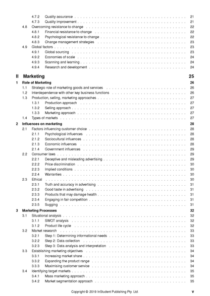 Course notes with a table of contents by ATAR Notes, displaying sections on Marketing and page numbers in black text on a white page.