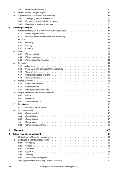 Printed course notes by ATAR Notes, a white page showing a table of contents with marketing and finance topics.