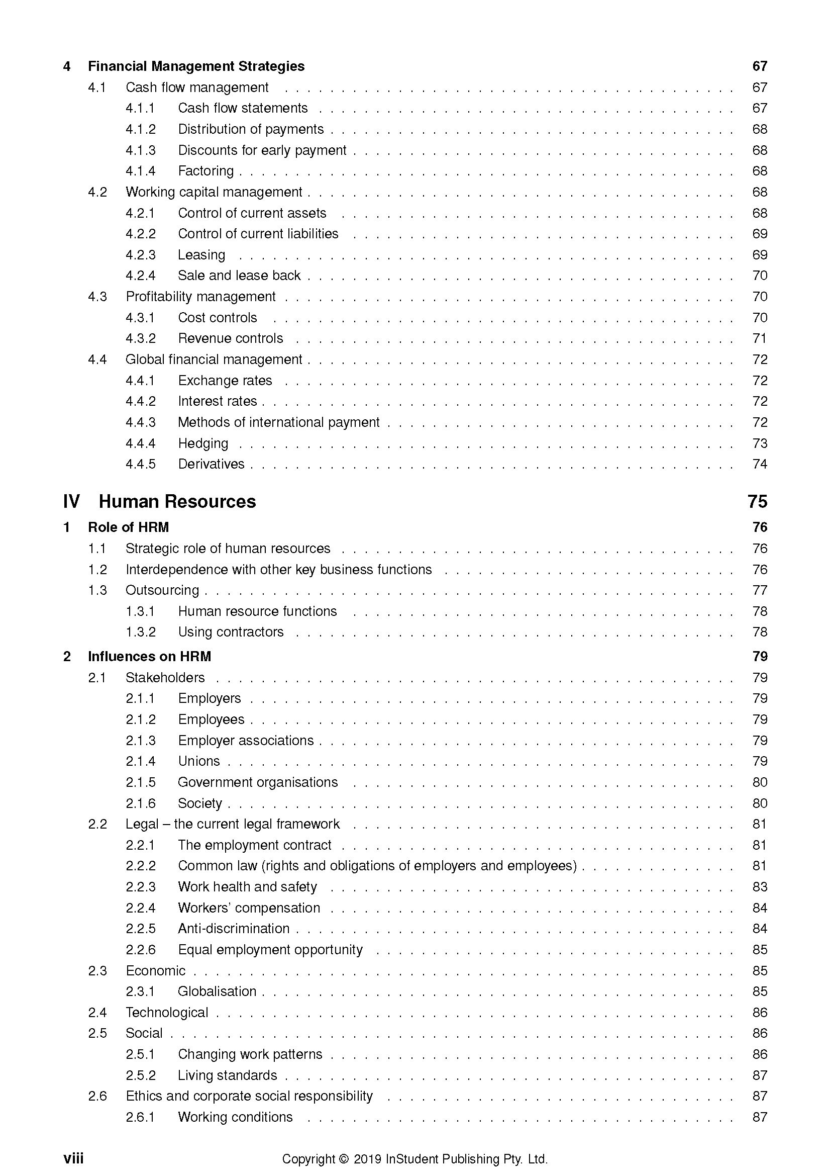 Course Notes by ATAR Notes, displaying a white table of contents page with black text listing financial management and human resources topics.