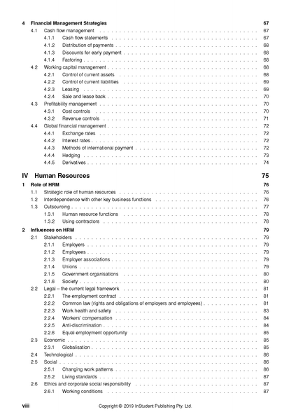 Course Notes by ATAR Notes, displaying a white table of contents page with black text listing financial management and human resources topics.