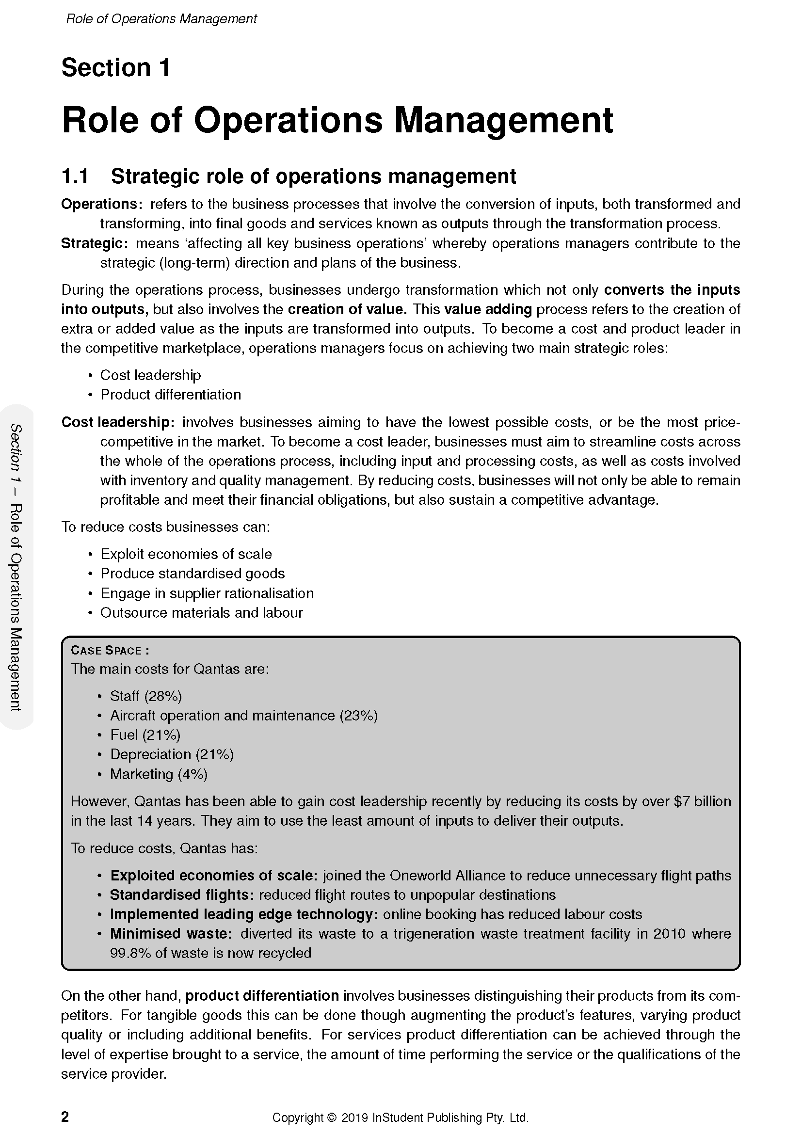 A page from course notes by ATAR Notes showing text on "Role of Operations Management" and Qantas's cost strategies in a grey box.