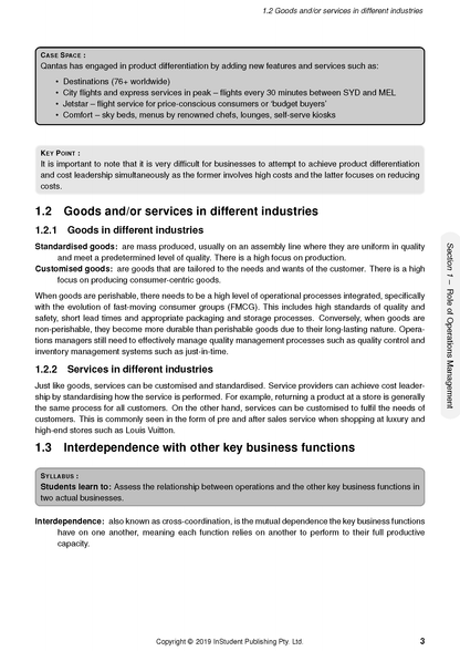 Course Notes by ATAR Notes, a page of business studies text discussing goods and services in different industries.