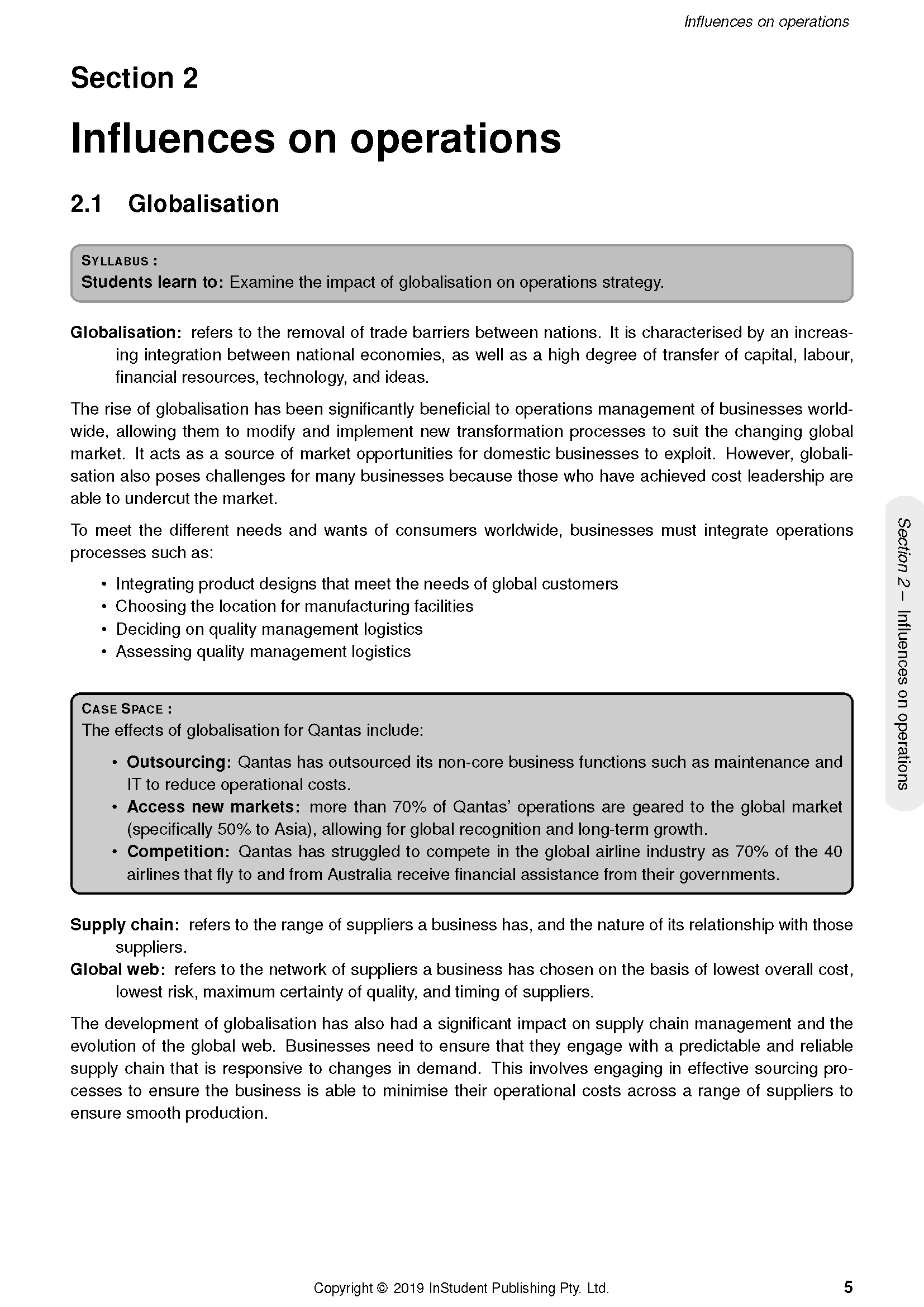 Business Studies Course Notes by ATAR Notes, showing a page detailing globalisation concepts and a Qantas case study.