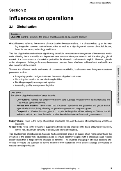 Business Studies Course Notes by ATAR Notes, showing a page detailing globalisation concepts and a Qantas case study.